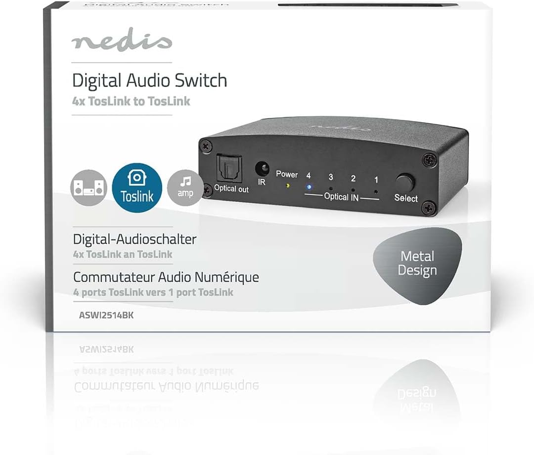 Nedis Digital-Audio-Switch | 4-Wege | Anschlüsse – Eingang: DC Power / 4X TosLink | Anschlüsse – Aus