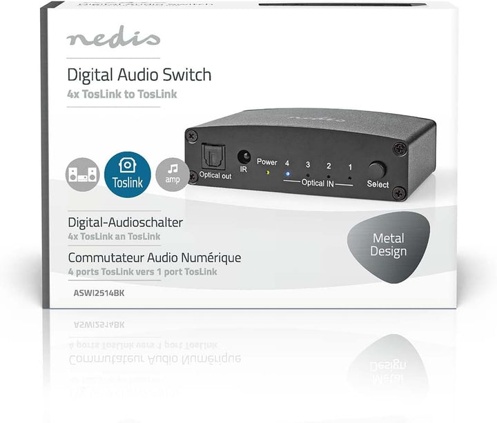 Nedis Digital-Audio-Switch | 4-Wege | Anschlüsse – Eingang: DC Power / 4X TosLink | Anschlüsse – Aus
