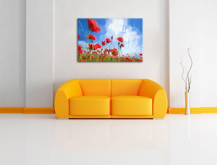 Pixxprint Mohnblumenfeld als Leinwandbild/Grösse: 100x70 cm/Wandbild/Kunstdruck/fertig bespannt, 100