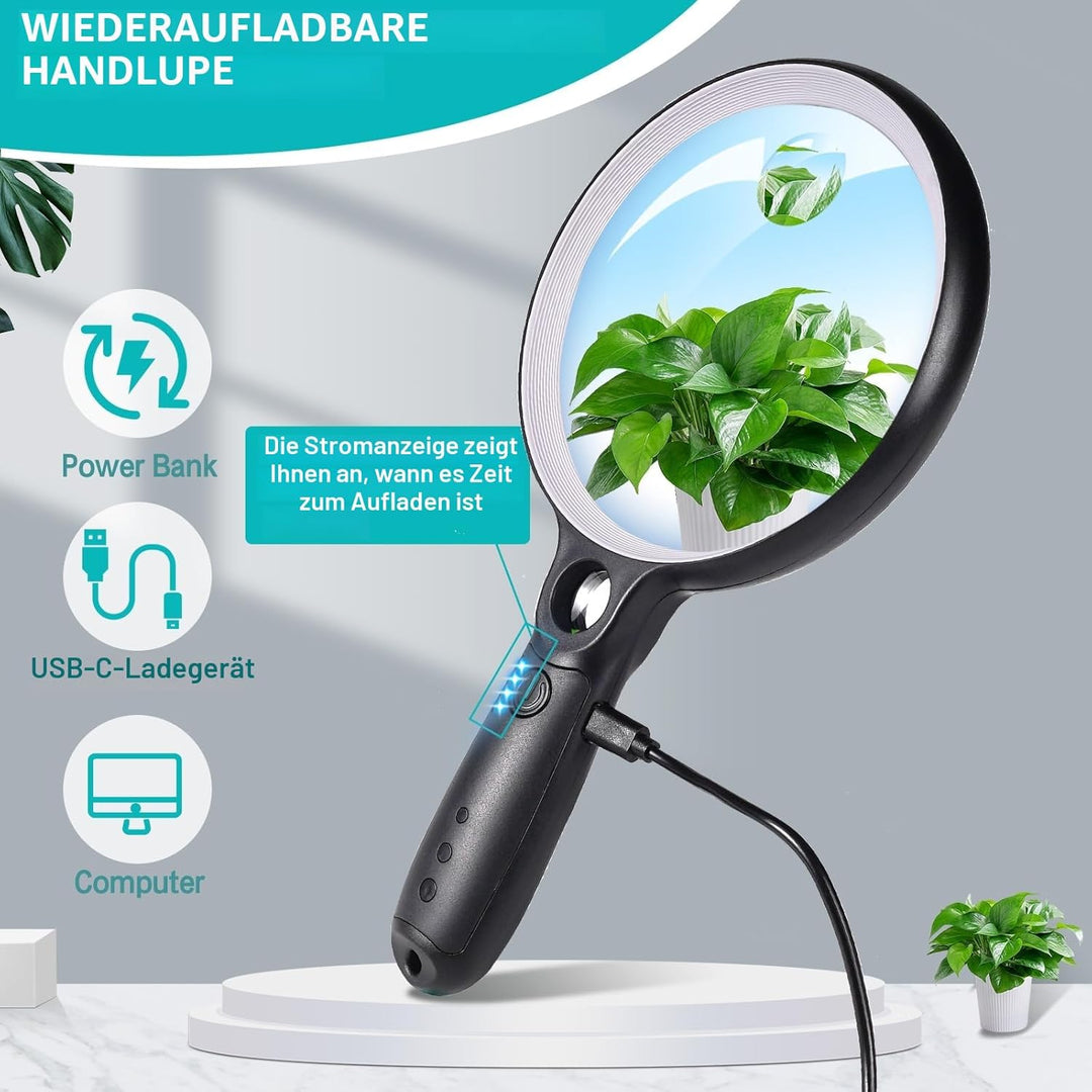 Lupe mit Licht USB Aufladbar, 10X 20X 45X Vergrösserungsglas, 37 LED Beleuchtete Handlupe mit 3 Lich