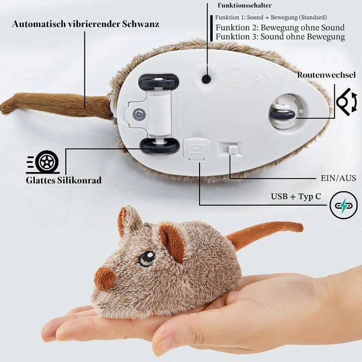 Vealind Katzenspielzeug Wiederaufladbare Maus mit Wackelschwanz, lebensechtes Quietschen Zwitschern