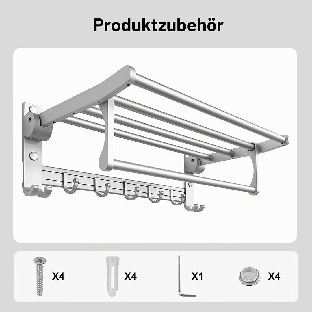 Jahof Handtuchhalter Klappbar Silber 38 cm, Handtuchstange Aluminiumlegierung mit Haken, Handtuchreg