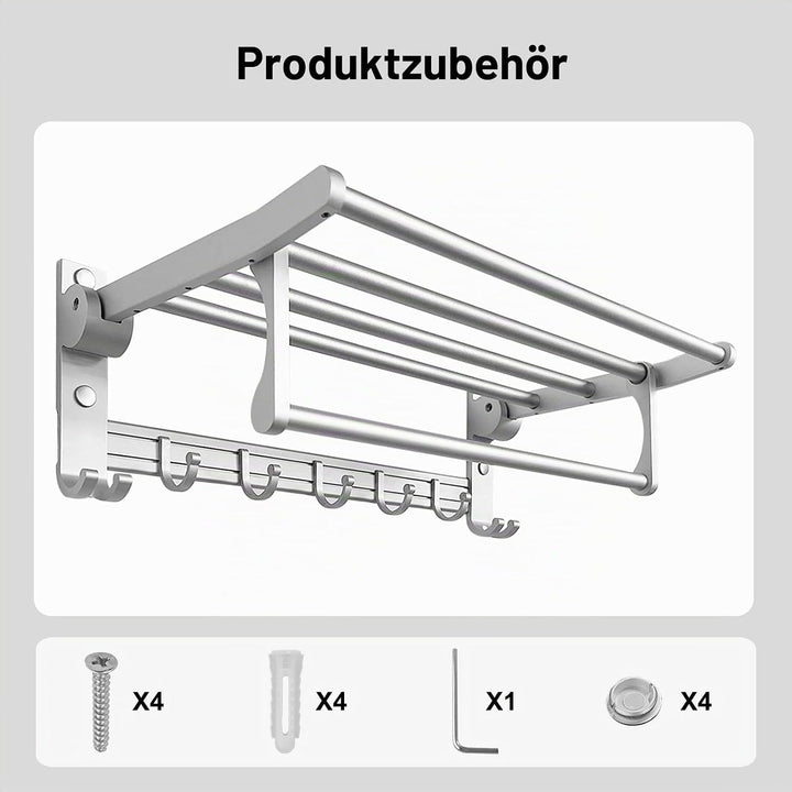 Jahof Handtuchhalter Klappbar Silber 38 cm, Handtuchstange Aluminiumlegierung mit Haken, Handtuchreg