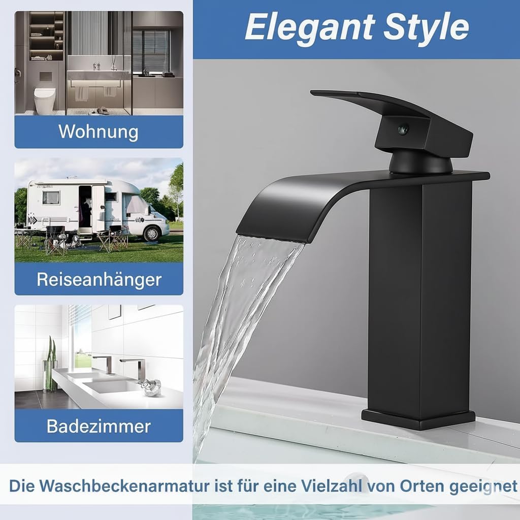 Faizee Home | Wasserfall Armatur Schwarz – Elegante Waschtischarmatur aus Messing mit breitem Auslau