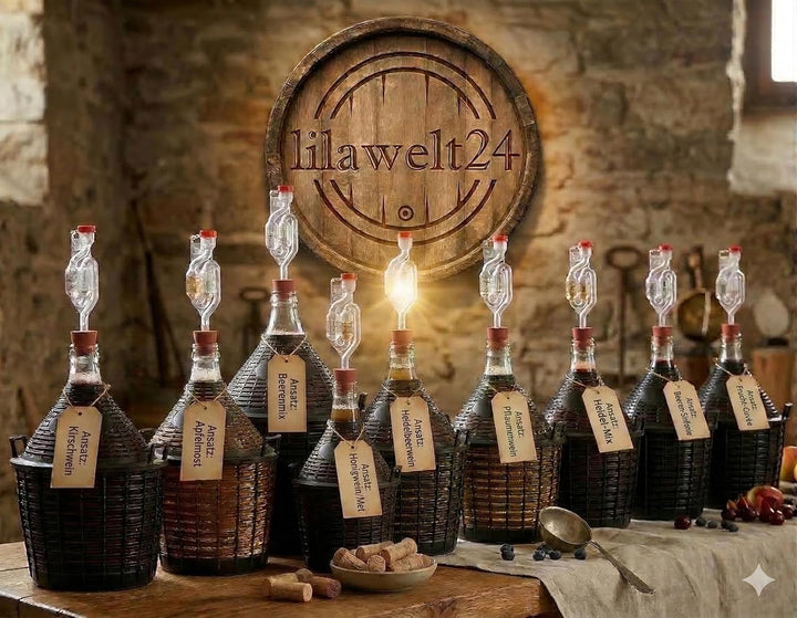 lilawelt24 Glasballon 20L Set mit Gärröhrchen und Gummistopfen - Weinballon im Schutzkorb - Hergeste