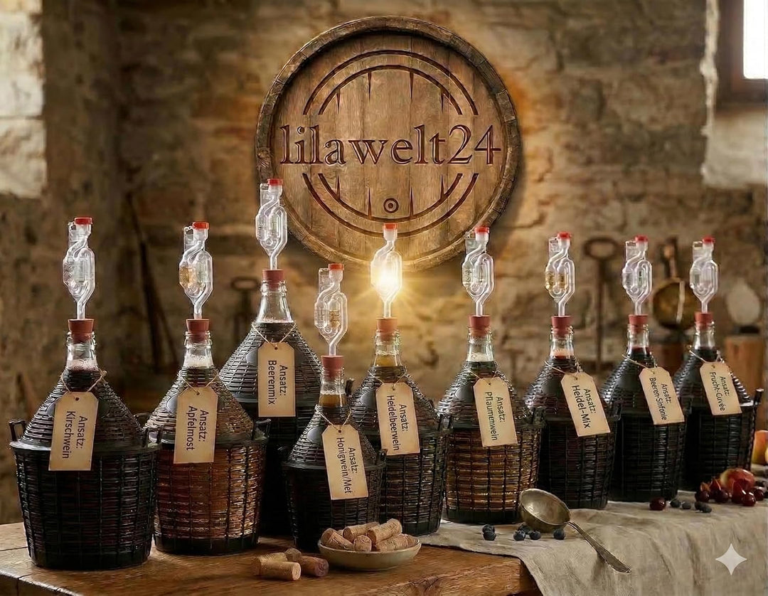 lilawelt24 Glasballon 10L Set mit Gärröhrchen und Gummistopfen - Weinballon im Schutzkorb - Hergeste