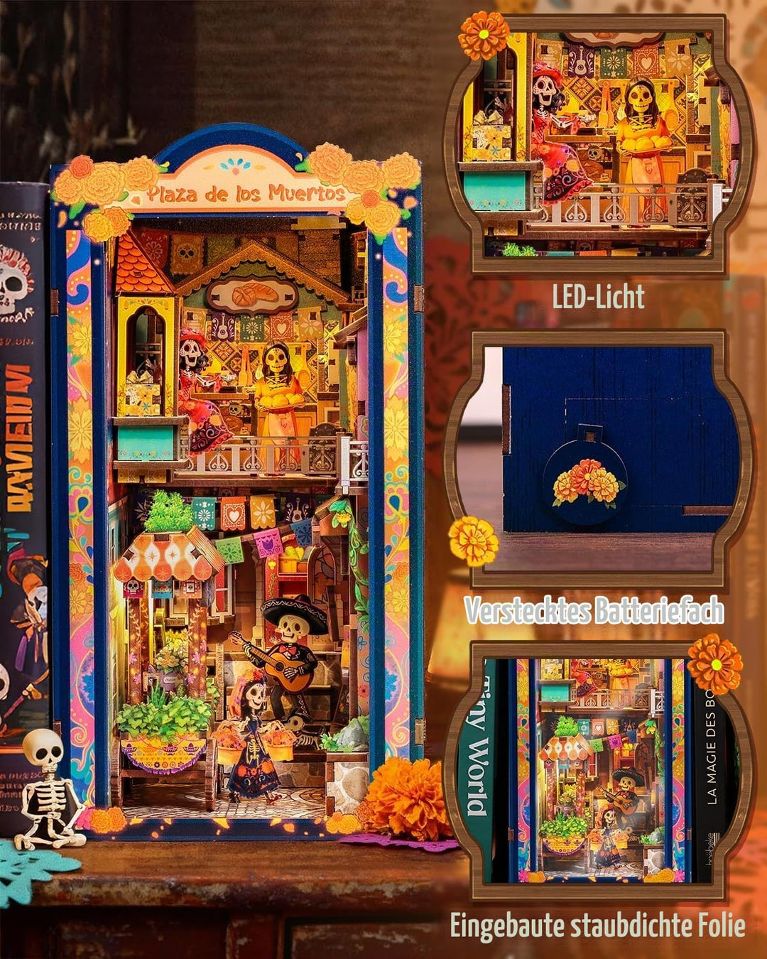 CUTEBEE Book Nook Kit - Mexikanische Festtagsstimmung DIY Puppenhaus, LED-beleuchtetes Buchregal-Dek
