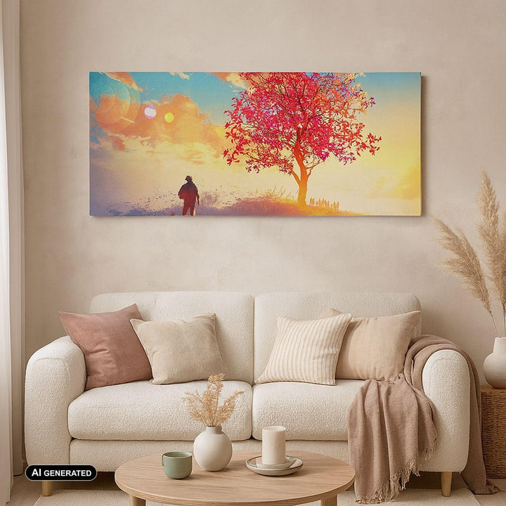 Panorama Bilder auf Leinwand Baum Wiese Feld Leinwandbild mit Rahmen 90x30cm Wandbilder Dekoration W