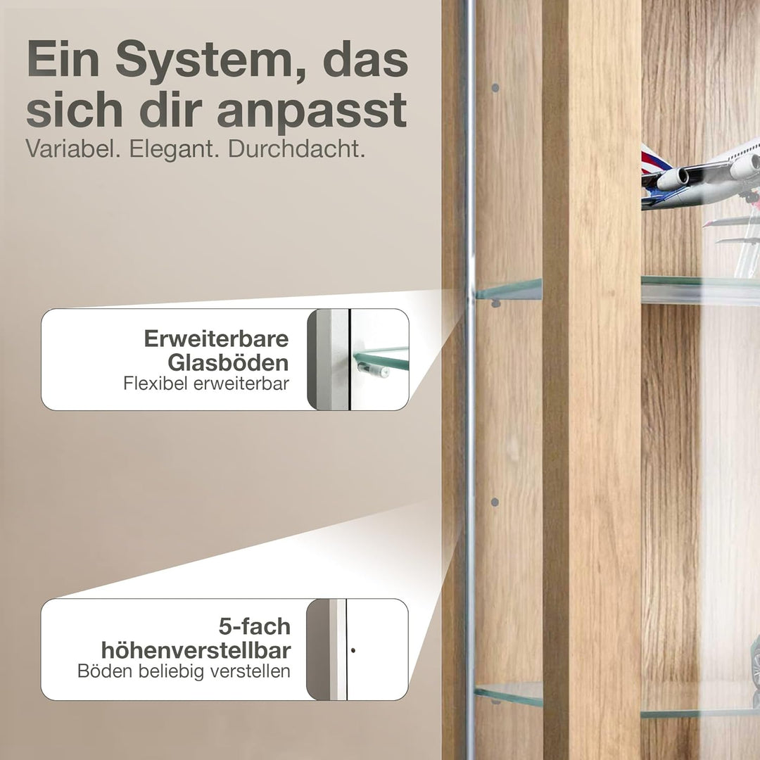 K-Möbel Hängevitrine Glas in Buche (80x60x25 cm) mit 2 höhenverstellbaren Glasböden - Modellauto Vit