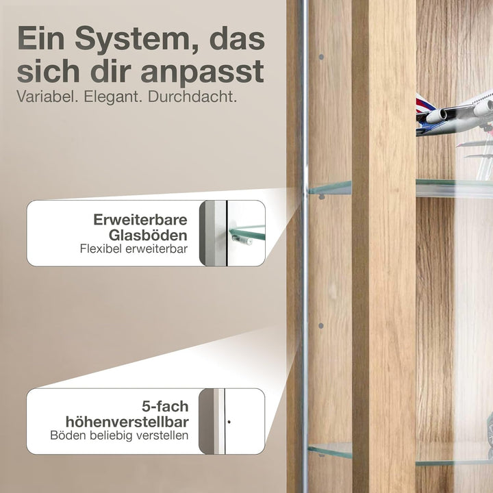 K-Möbel Hängevitrine Glas in Buche (80x60x25 cm) mit 2 höhenverstellbaren Glasböden - Modellauto Vit
