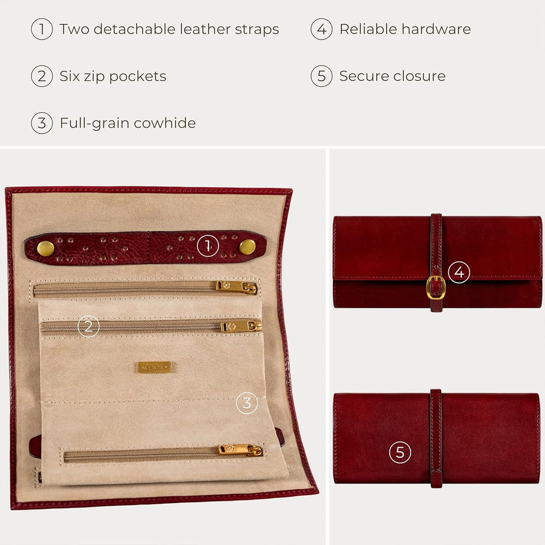 Time Resistance Rot Leder Schmuck Organizer – 100% Leder Schmuckrolle für Reisen Hergestellt in Ital