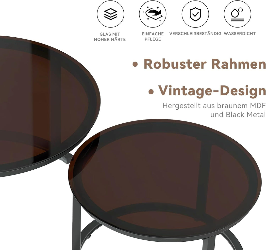 Hawthyhome 2 Stücke Beistelltisch Set rund, Moderne Kaffeetische, Couchtisch aus Glas mit Metallrahm