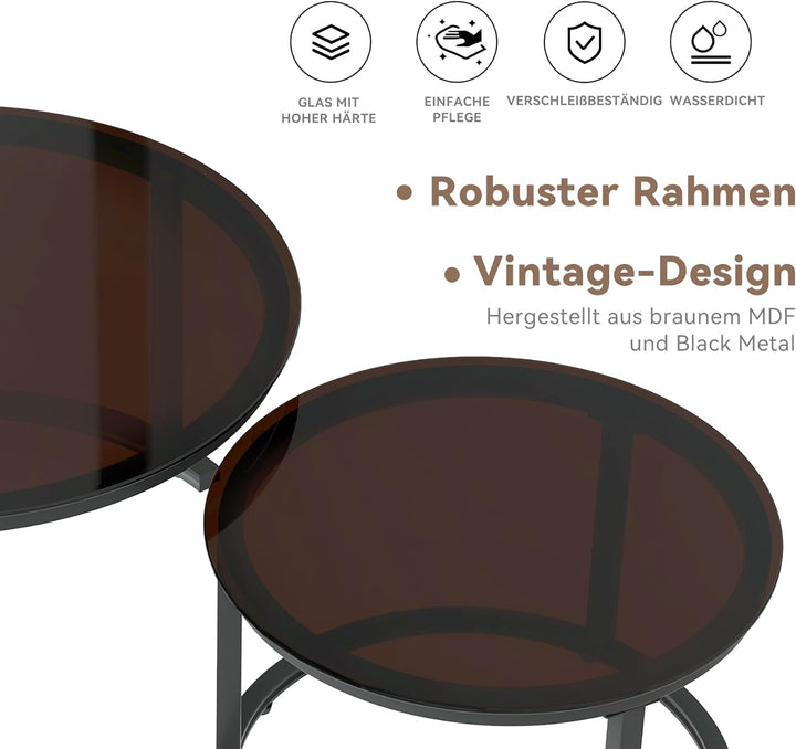 Hawthyhome 2 Stücke Beistelltisch Set rund, Moderne Kaffeetische, Couchtisch aus Glas mit Metallrahm