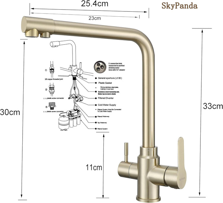SkyPanda 3 Wege Küchenarmatur, Gold Trinkwasser Küchenarmatur mit Doppelhebel, Durchdringung 3-in-1,