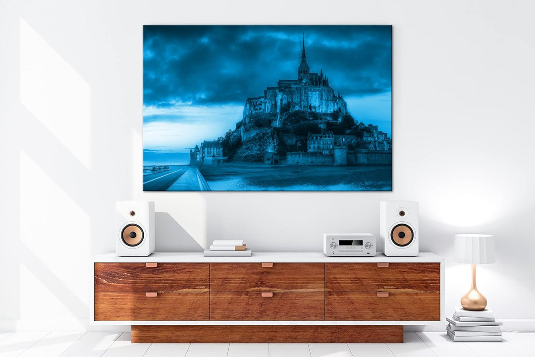 deyoli Mont St Michel bei Sonnenuntergang Format 80x60 Effekt: Monocrome Blau als Leinwandbild, Moti