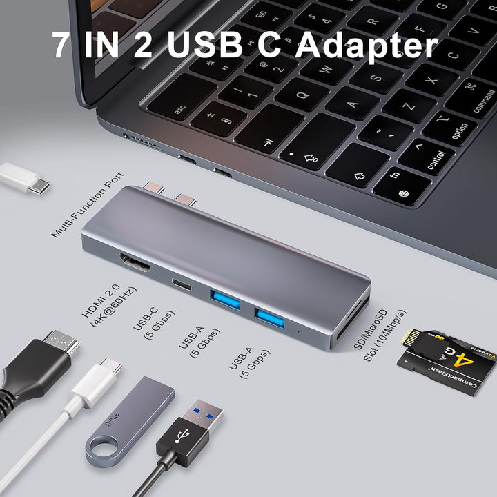 USB C Hub, 7-in-2 USB Adapter für MacBook Pro Air Thunderbolt 4 Dock mit 4K HDMI, 100W PD, 40Gbps, U