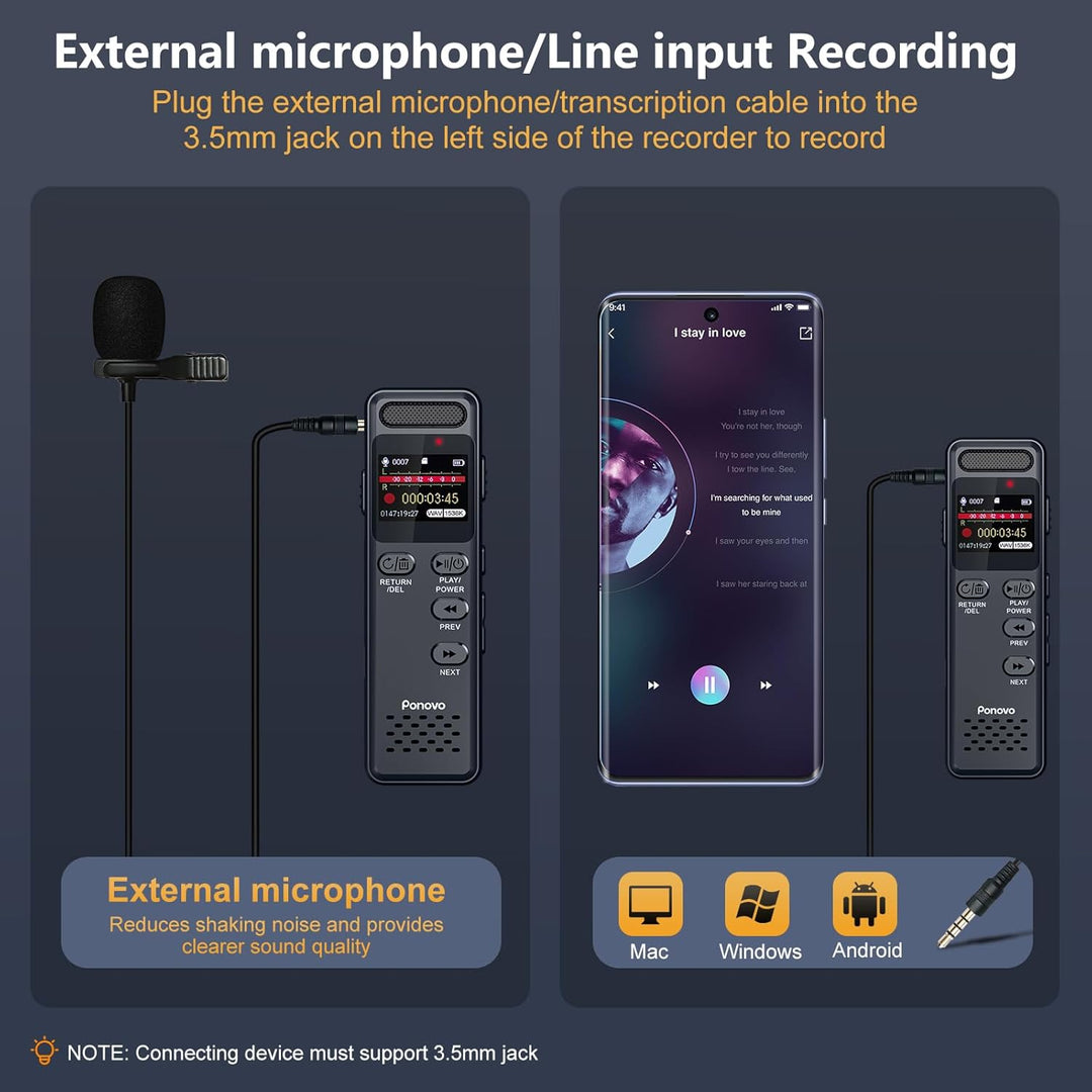 96GB Diktiergerät Digitale mit Spracherkennung, Ponovo Aufnahmegerät 100 Std Kontinuierliche Aufnahm