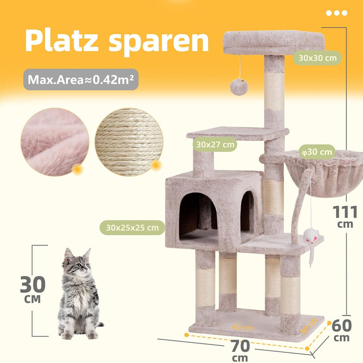 Hey-brother Kratzbaum, 111 cm Katzenbaum mit Spielzeug, Katzenkratzbaum mit Plattform, Hängematte un