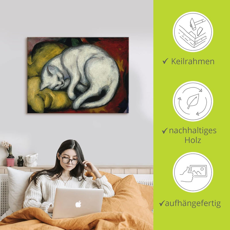 ARTland Leinwandbild Wandbild Bild auf Leinwand 60x45 cm Wanddeko Haustier Katzenbett Die weisse Kat