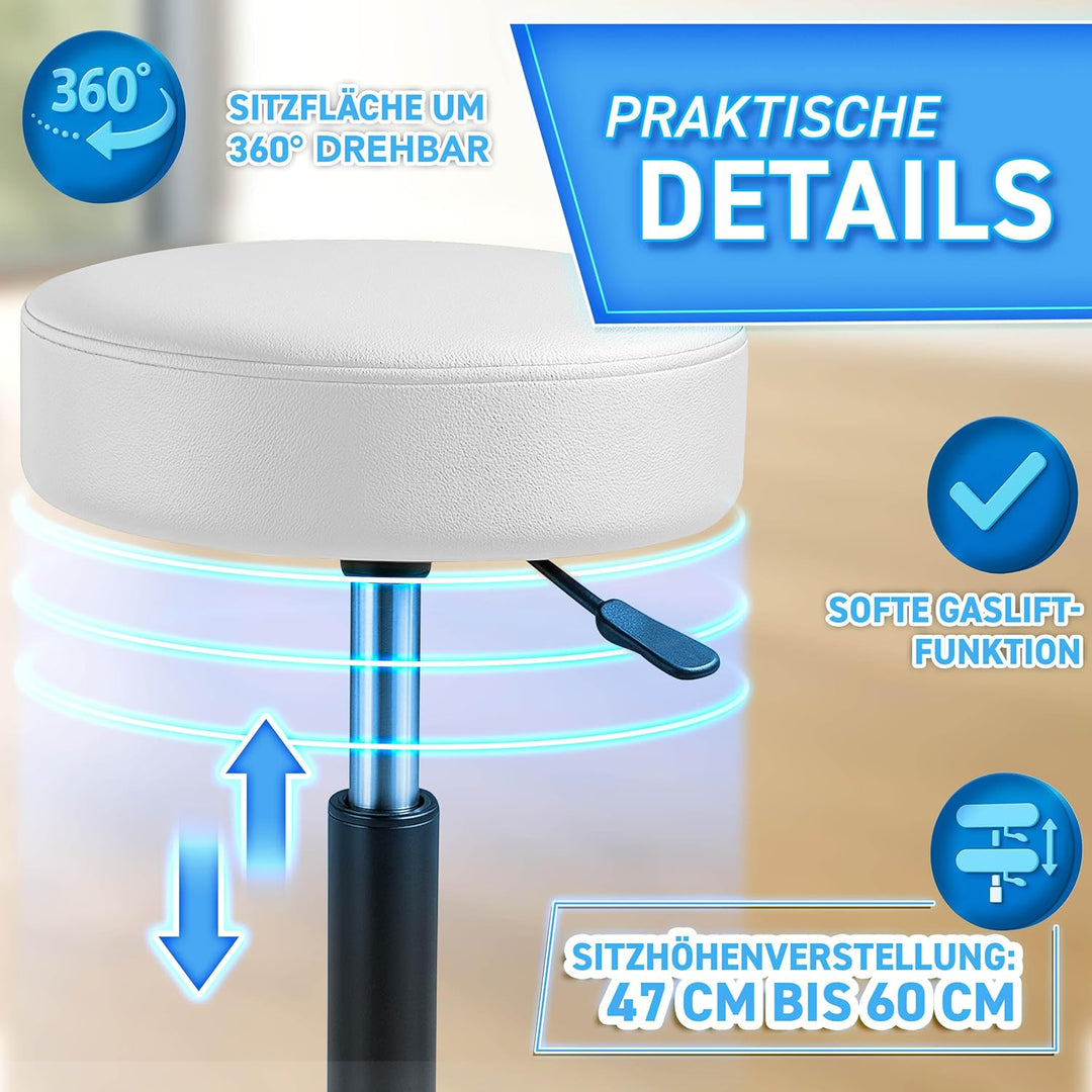 TRESKO Rollhocker höhenverstellbar Weiss bis 150 kg | Hocker Drehhocker 10 cm Dicke Polsterung 47-60
