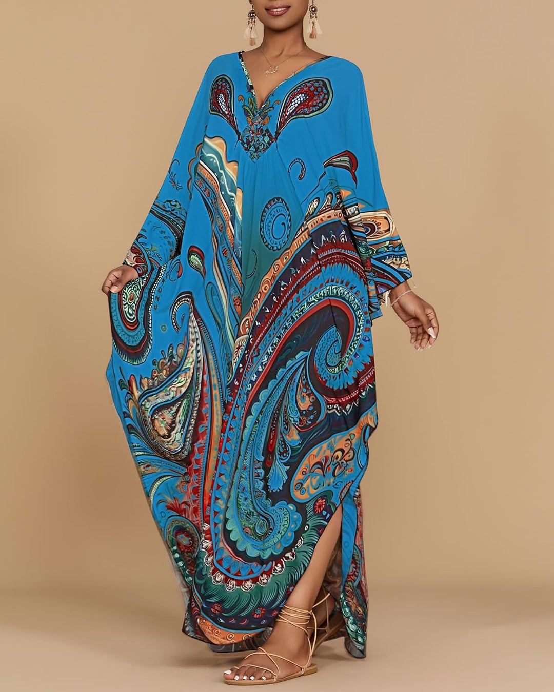 Bsubseach Damen Strandkleid Ethnic Print Kaftan Beach Maxi Kleider A-Blau-3, A-Blau-3