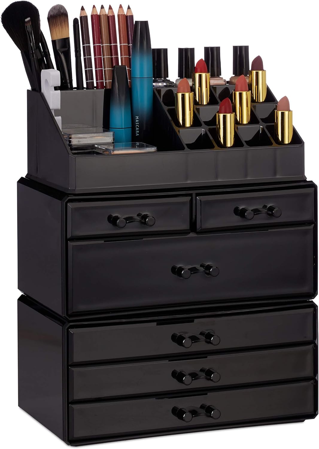 Relaxdays 2 x Kosmetikorganizer mit 6 Schubladen, 22 Fächer Make Up Organizer, grosse Schmink-Aufbew