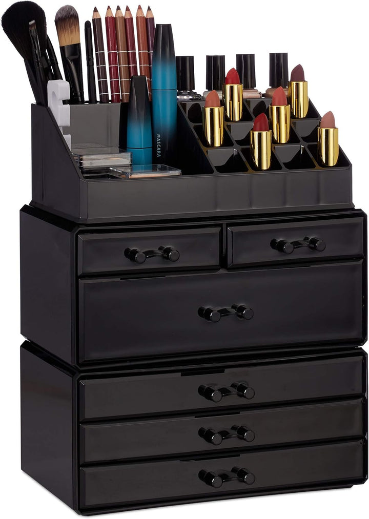 Relaxdays 2 x Kosmetikorganizer mit 6 Schubladen, 22 Fächer Make Up Organizer, grosse Schmink-Aufbew