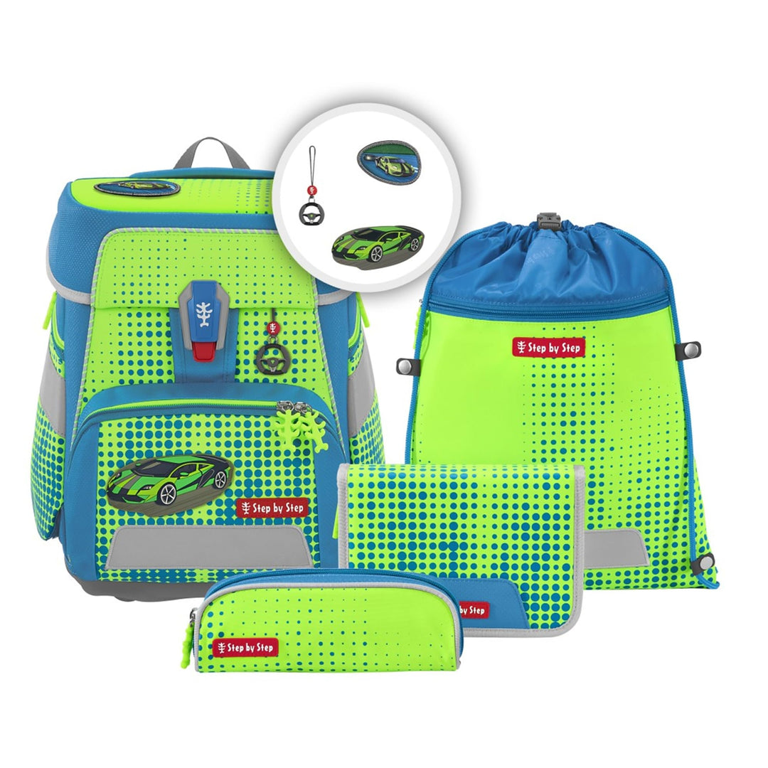 Step by Step Schulranzen-Set Space NEON Race Car Chuck, 5-teilig, grün, ergonomischer Tornister mit