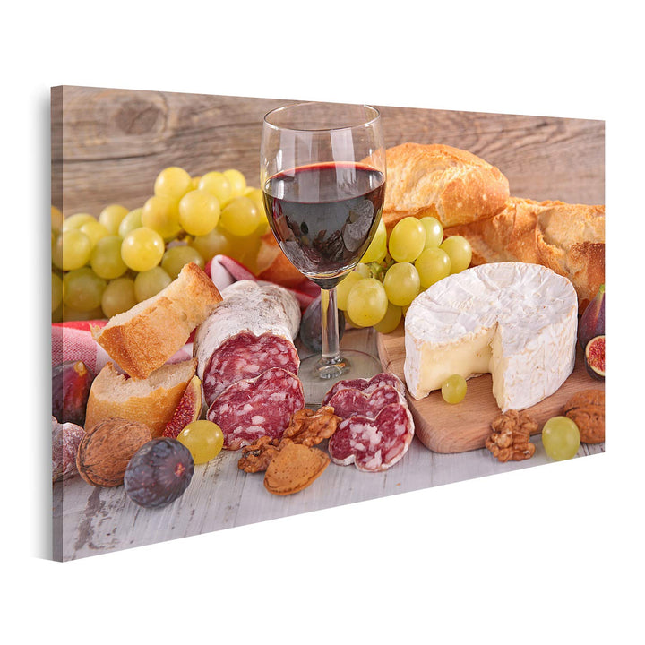 islandburner Bild auf Leinwand Wein Käse Wurst Und Brot Bilder Wandbilder Poster Leinwand 80x40cm, L