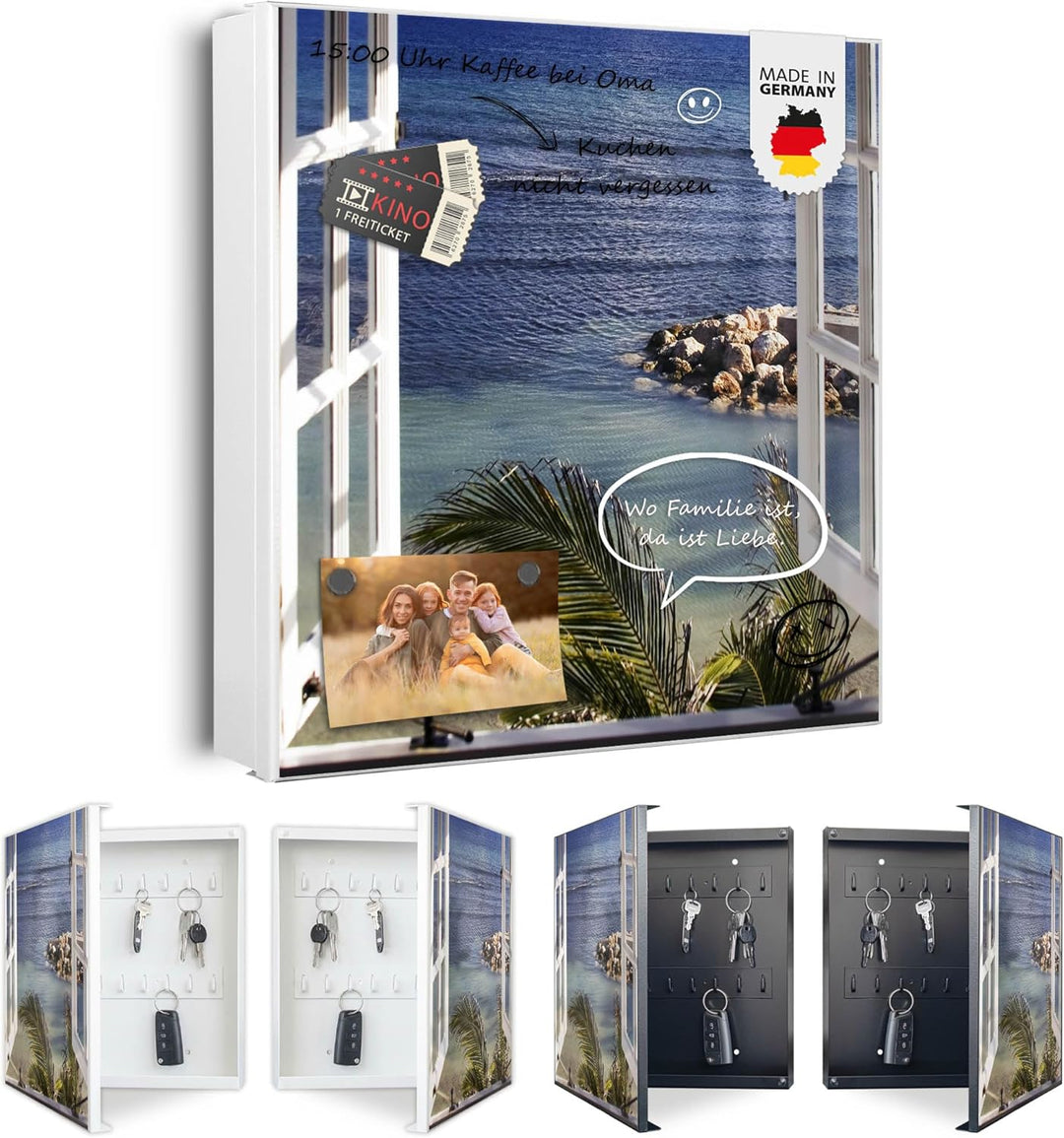 banjado® Grosser Schlüsselkasten Glas/Schlüsselbox 30cm x 30cm mit 50 Haken - Motiv Ausblick/Schlüss