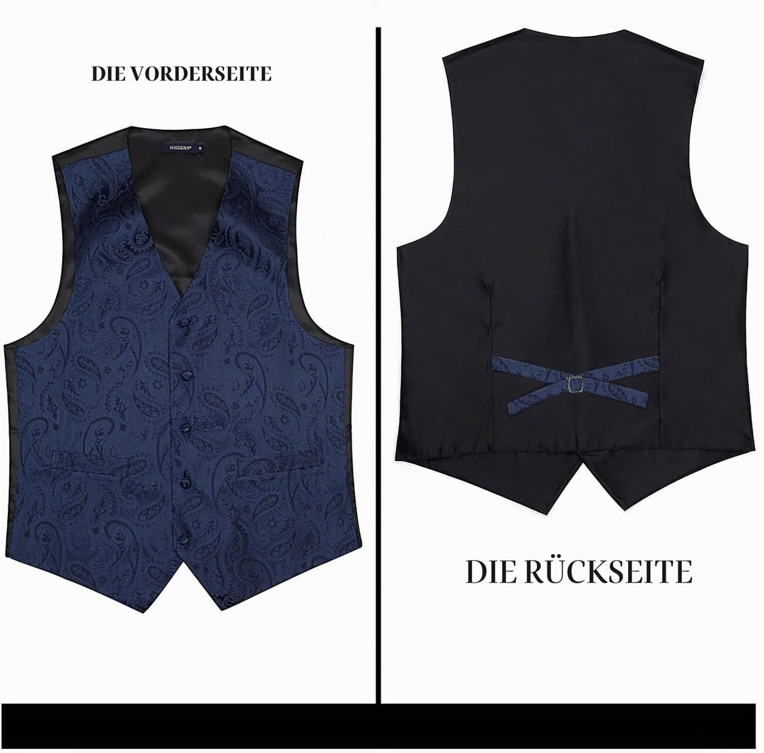 HISDERN Herren FLoral Hochzeit Weste Krawatte Einstecktuch Taschentuch Jacquard Weste Anzug Set S Ma