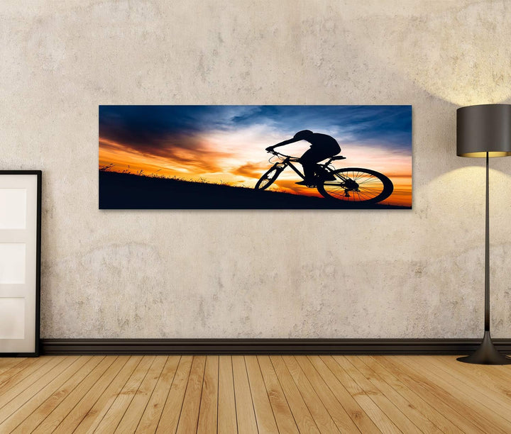 islandburner Bild auf Leinwand Silhouette Sportler Sonnenuntergang Mountainbike Hügel Bilder Wandbil
