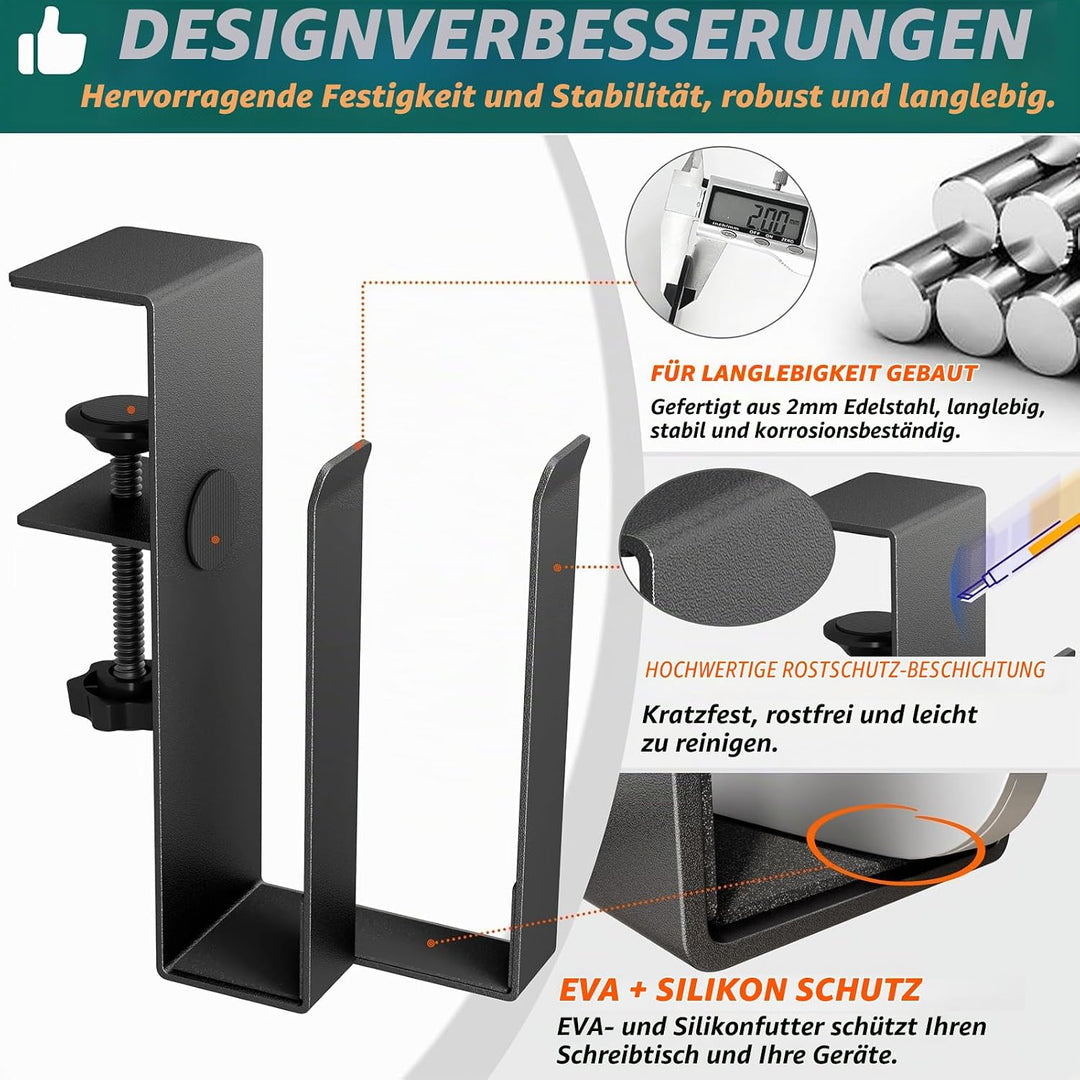Dual‑Geräte Verstellbarer Laptopständer mit Klemme für Schreibtische - Kein Bohren - Edelstahl‑Ablag