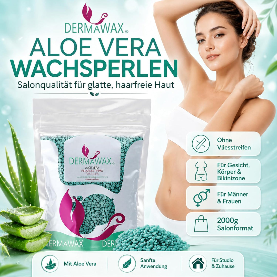 Dermawax 2 kg Aloe Vera Wachs Heisswachs Waxing Perlen Wachsperlen Wax Anwendung ohne Wachsstreifen