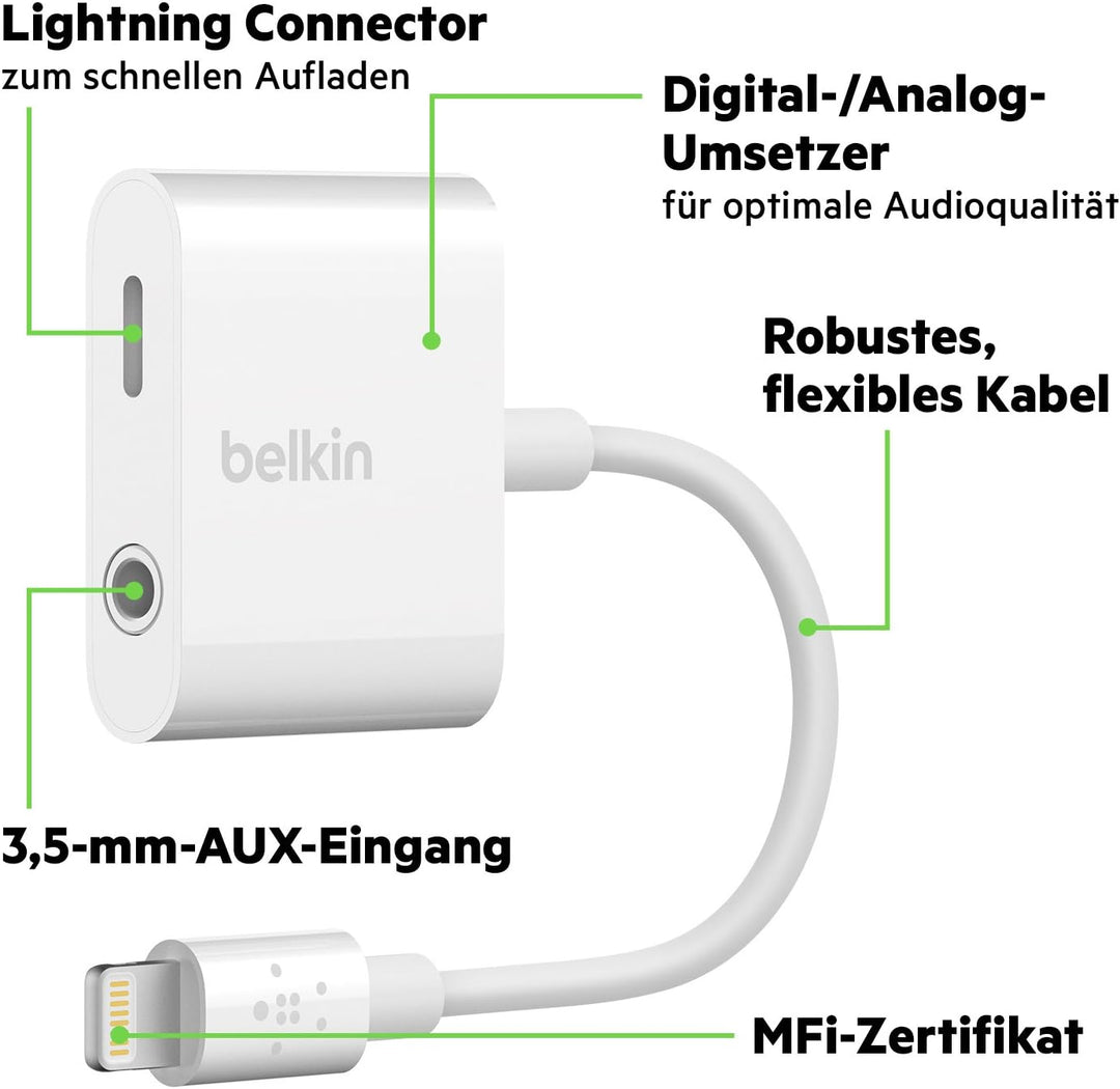 Belkin 3,5 mm Audio + Charge Rockstar (iPhone Aux-Adapter/iPhone-Ladeadapter), weiss 3.5mm audio + c