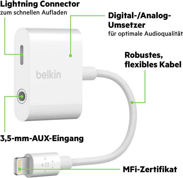 Belkin 3,5 mm Audio + Charge Rockstar (iPhone Aux-Adapter/iPhone-Ladeadapter), weiss 3.5mm audio + c