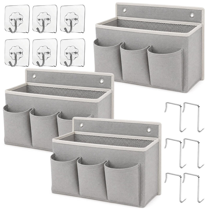 3 Stück Hängeorganizer Grau aus Baumwolle und Leinen mit 5 Fächer | Wand Organizer Tasche mit 12 Hak