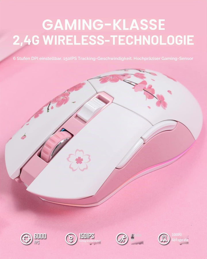 DAREU Sakura Pink Wireless Wired Gaming Mouse, Dual-Mode Wiederaufladbar, 6 Programmierbare Tasten,