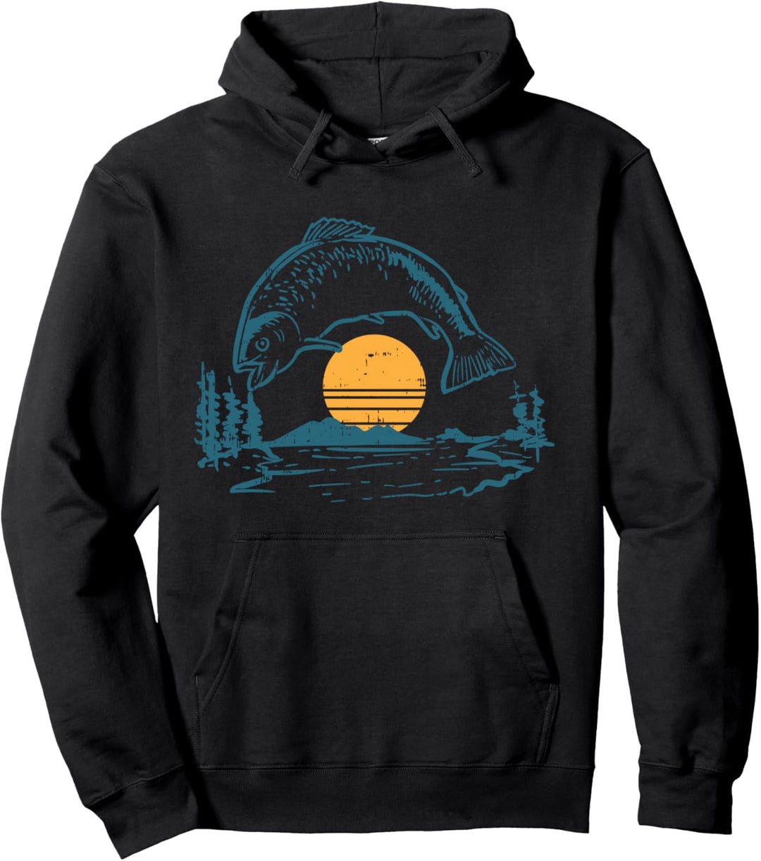 Bass Fish Sunset Moon Vintage Fishing Fisherman Angler Gift Pullover Hoodie