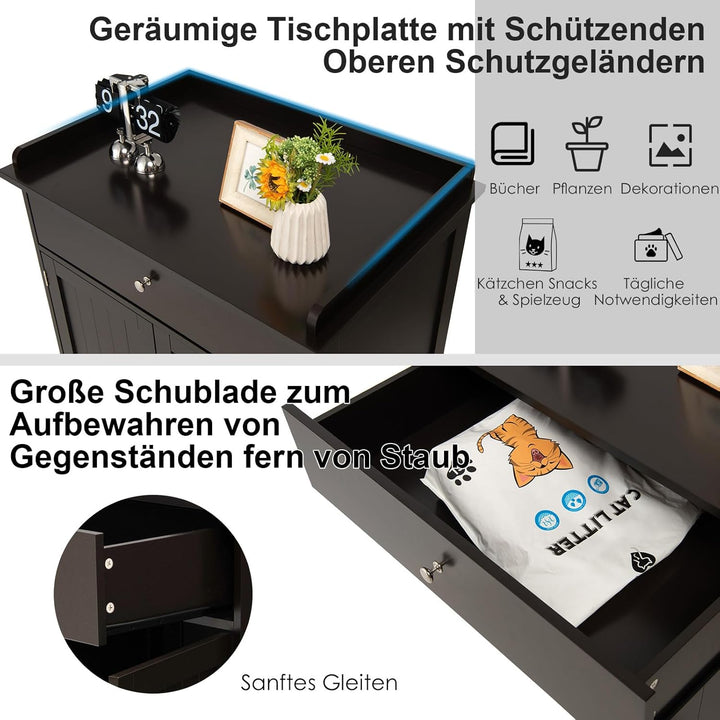 COSTWAY Katzenschrank mit Schublade & Tür & Eingang, 3-in-1 Katzenhaus Katzentoilette Beistelltisch,