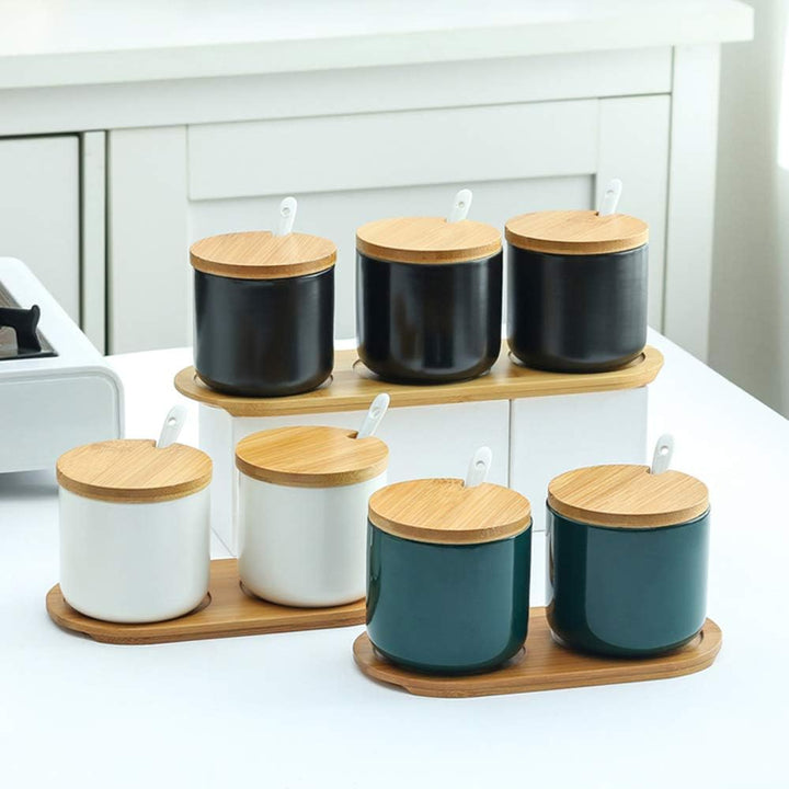 2er Set Keramik Gewürzdosen Salztopf - Höhe 10cm Keramik Zuckerdose Gewürzgläser mit Löffel und Deck