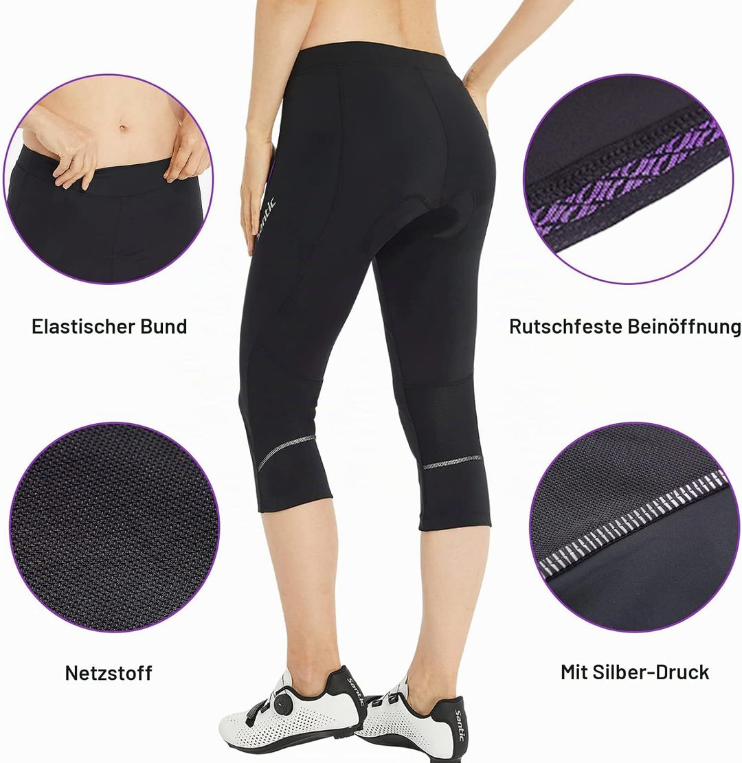 Santic Fahrradhose Damen Gepolstert 3/4 Radlerhose Damen mit Sitzpolster Radhose Damen 3/4 mit Polst