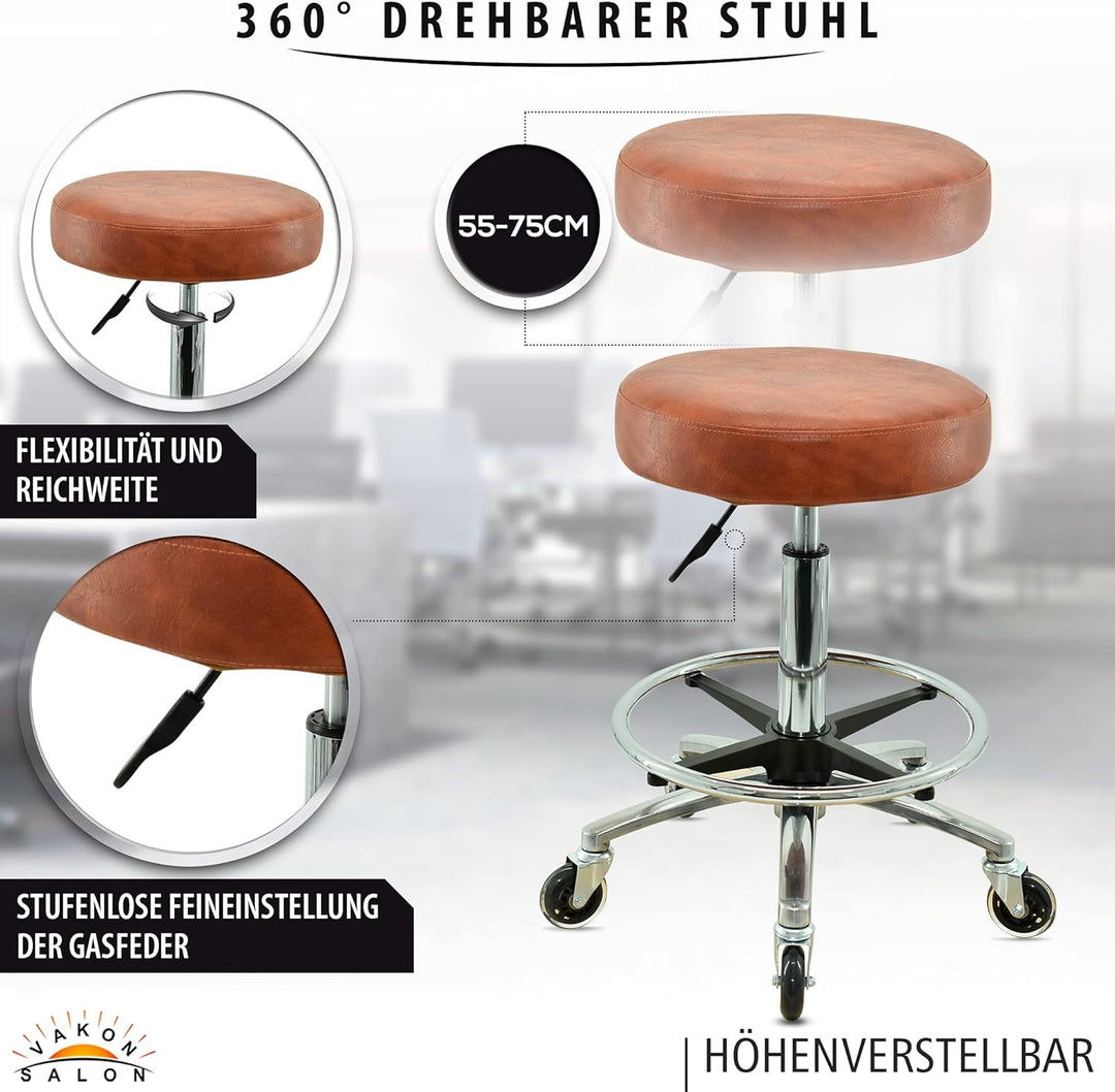 Premium Rollhocker Hellbraun mit Fussring - Höhenverstellbar von 55-75 cm - Rundsitz Drehhocker Arbe