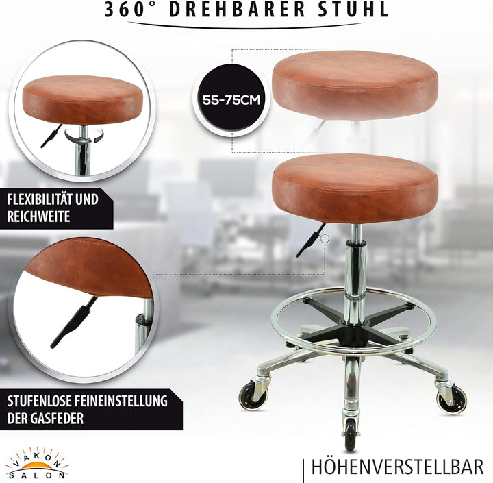 Premium Rollhocker Hellbraun mit Fussring - Höhenverstellbar von 55-75 cm - Rundsitz Drehhocker Arbe