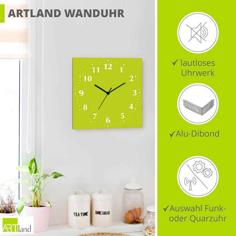 ARTLAND Wanduhr ohne Tickgeräusche Alu Funkuhr 30x30 cm Quadratisch Lautlos 12 Ziffern Farbig Schlic