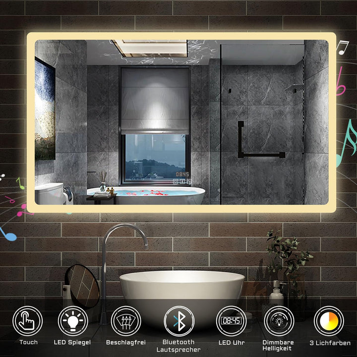Aica Sanitär LED Badspeigel 160×80cm Bluetooth Uhr 3 Lichfarbe dimmbar Memory Wand/Touchschalter Ant