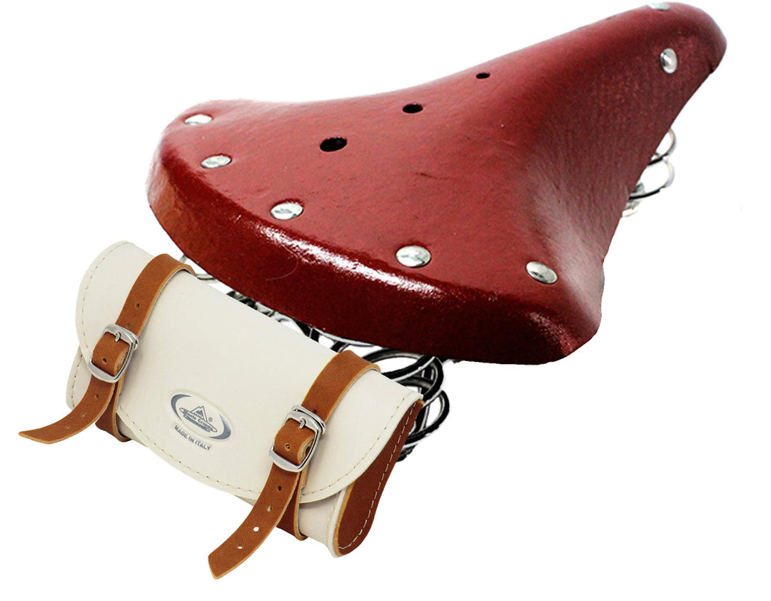 Vintage-Sattel mit 3 Federn + Tasche Montegrappa in verschiedenen Farben Braun + Creme, Braun + Crem
