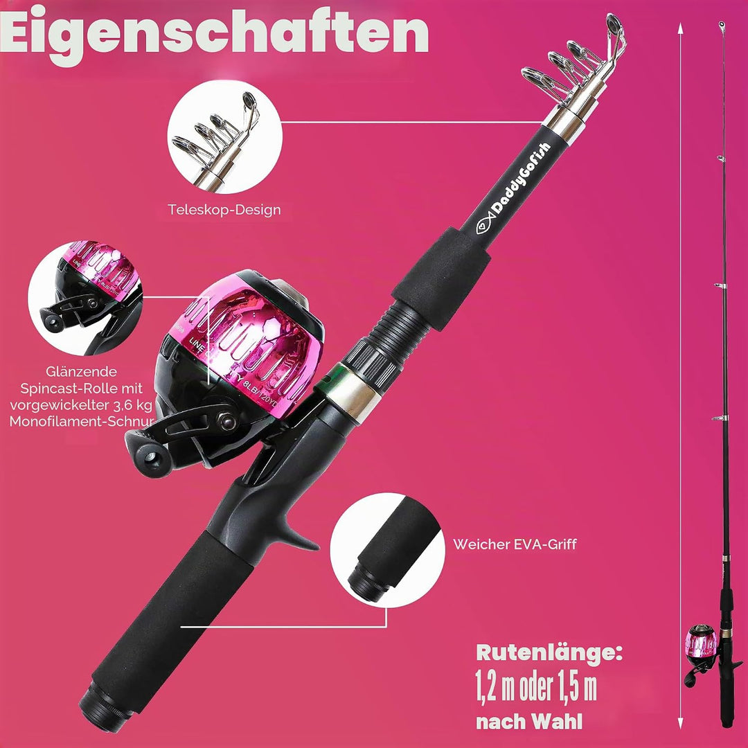 DaddyGoFish Kinder Angelset - Teleskoprute &amp; Rolle Combo mit Klappstuhl, Rutenhalter, Tackle Box, Kö
