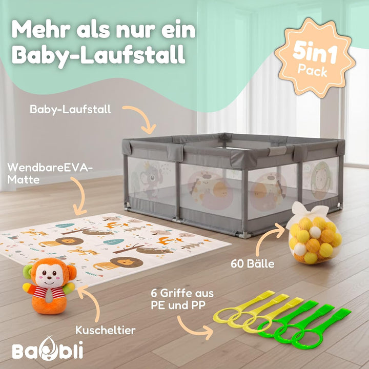 Laufstall für Babys, 150x180 cm, Babymatte, 60 Bälle, Griffe, Tragetaschen, Laufstall mit atmungsakt