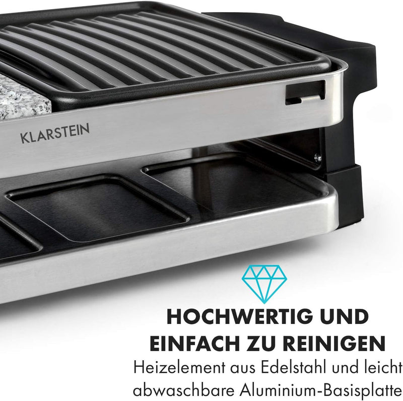 Klarstein Sirloin Raclette-Grill, 1500 Watt, 2-in-1: Aluminium-Grillplatte & Natursteinplatte, Edels